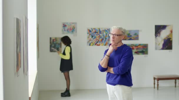 Volwassen Man Met Grijs Haar Observeren Schilderijen Tijdens Een Bezoek — Stockvideo