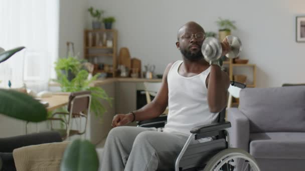 障害のある黒人男性 車椅子に座って座ったダンベル 家のワークアウトをしている間 腕の肩のプレス — ストック動画