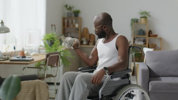 非洲裔美国残疾人坐在轮椅上 一边做哑铃卷 一边在家里锻炼 — 图库视频影像