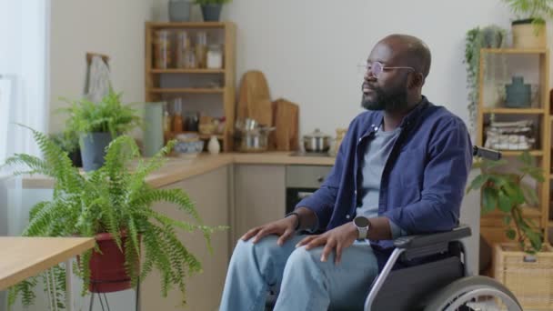 Porträtt Afroamerikansk Man Med Funktionshinder Sitter Rullstol Och Poserar För — Stockvideo