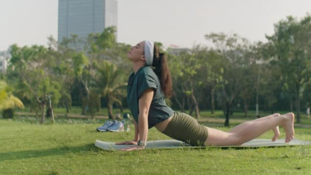 晨练时 年轻的女运动员先在公园里做瑜伽 然后在童年时代休息 然后在公园的练习席上摆姿势 — 图库视频影像
