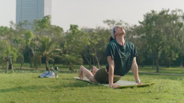 在公园里晨练时 穿着运动服的年轻女子在垫子上做瑜伽 — 图库视频影像