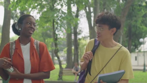 Medium Shot Asian Student Chatting African American Girlfriend While Walking — Stock Video