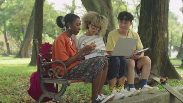 パークのベンチに座り 教科書やラップトップを使って宿題を一緒にしている多民族大学の友人のグループ — ストック動画
