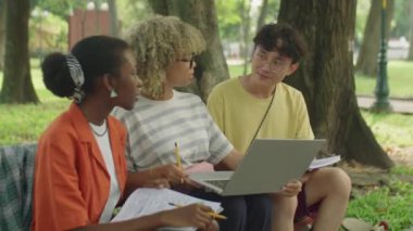 Çok ırklı kolej arkadaşları parkta bankta oturuyor, çalışma kitaplarına yazıyor, dışarıda ödevlerini yaparken dizüstü bilgisayar kullanıyor ve sohbet ediyorlar.