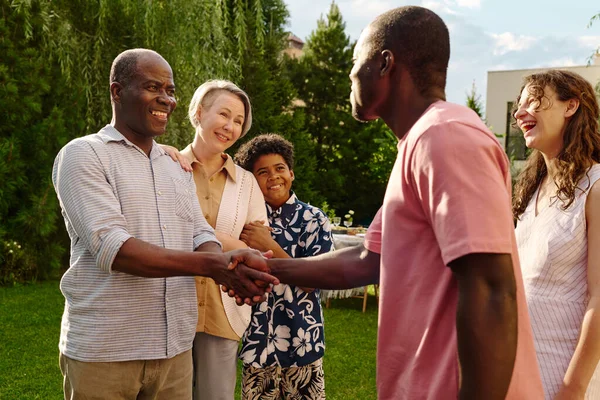 Two Happy African American Men Shaking Hands While Standing Front — Stock Photo, Image