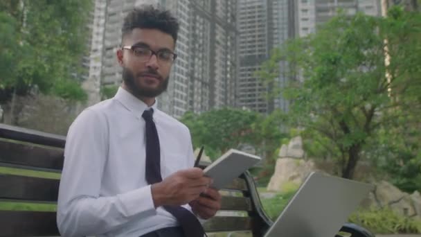 Medium Portrait Shot Young Businessman Formalwear Glasses Posing Camera Smile — Stock Video