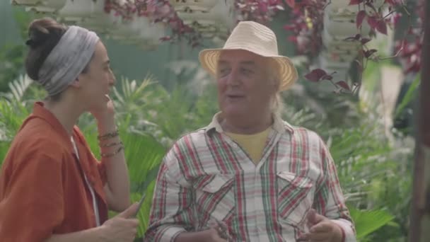 Medium Skott Glad Senior Man Beskärning Blomma Hängande Kruka Och — Stockvideo