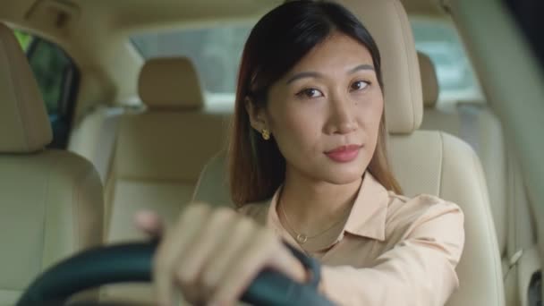 Portrait Beautiful Asian Businesswoman Sitting Driver Seat Car Holding Steering — Stock Video