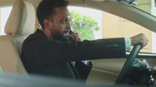 Formalite Gözlüklü Işadamlarının Arabada Oturup Cep Telefonuyla Konuşmalarının Yan Görüntüsü — Stok video