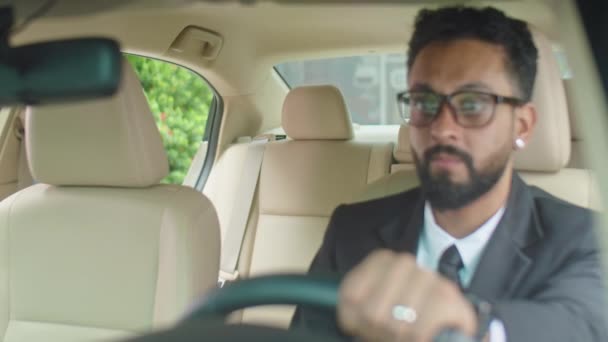 Güzel Asyalı Kadınının Arabasının Arka Koltuğunda Otururken Özel Şoförle Selamlaşırken — Stok video