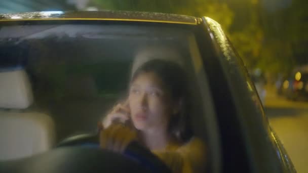 View Wet Windshield Asian Businesswoman Speaking Mobile Phone While Sitting — Stock Video