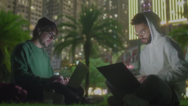 Şehir Parkındaki Çimenlikte Dizüstü Bilgisayarlarını Kullanarak Geceleri Uzaktan Çalışan Iki — Stok video