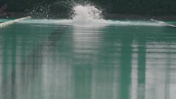 プロのアスリートスイミングバタフライストロークカメラに向かって 外でトレーニングしながらプールで水を飛ばします — ストック動画