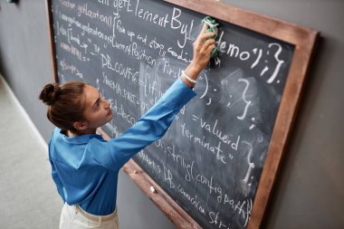 Sınıftaki tahtadaki metni silen genç bilişim öğretmeninin yüksek açılı görüntüsü