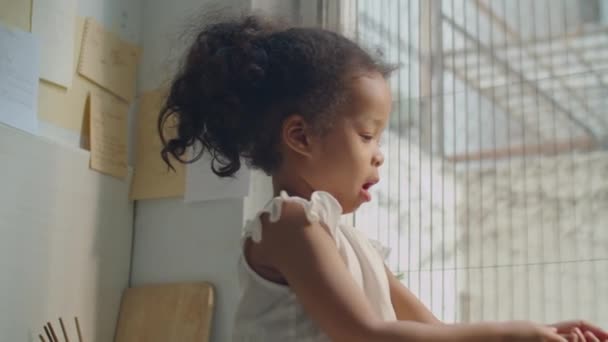 Küçük Asyalı Bir Kızın Mutfak Tezgahında Oturmuş Kepçeyle Sohbet Ederken — Stok video