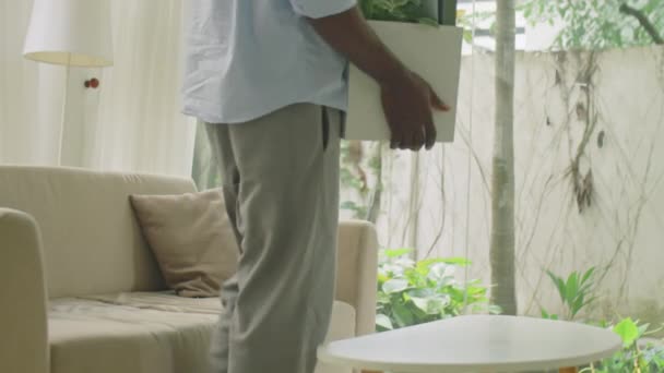 Hombre Negro Desempleado Trayendo Caja Con Cosas Oficina Casa Sentado — Vídeos de Stock
