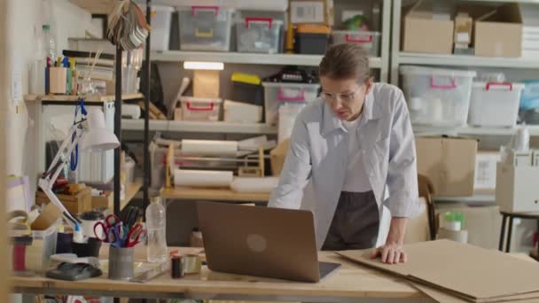 配達サービスオフィスで働いている間机でラップトップを使用している女性 バックグラウンドの貯蔵箱およびパッケージが付いている棚 — ストック動画