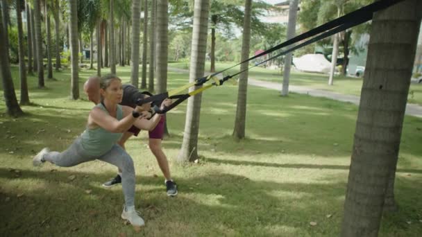 Parktaki Egzersiz Sırasında Palmiye Ağacına Bağlı Süspansiyon Kayışlarıyla Kadınlara Ters — Stok video