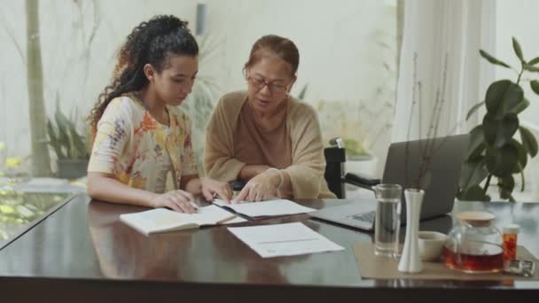 Junge Finanzberaterin Benutzt Laptop Und Erklärt Älteren Asiatinnen Rollstuhl Bei — Stockvideo