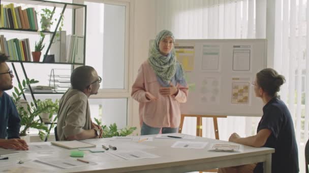 Medium Full Shot Muslim Female Student Hijab Standing Whiteboard Speaking — Αρχείο Βίντεο