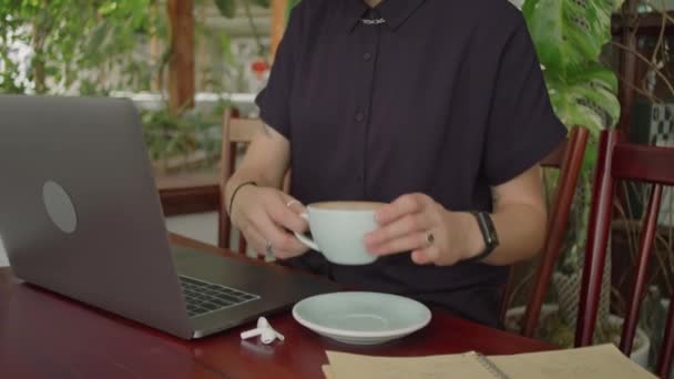 年轻的自由职业女性在户外咖啡馆边工作边喝卡布奇诺和使用笔记本电脑 — 图库视频影像