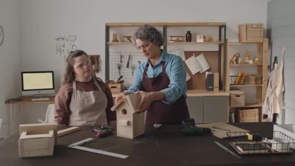 ダウン症の少女を教える中年の女性の木工労働者は 大工のワークショップでマスタークラスの間に木製の鳥小屋を作る方法 — ストック動画