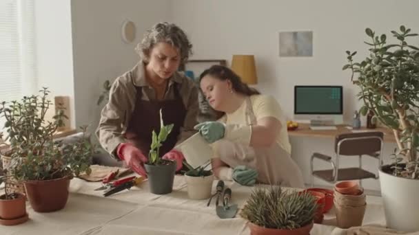 Dziewczyna Zespołem Downa Fartuchu Rękawiczki Podlewania Roślin Domowych Pomagając Matce — Wideo stockowe