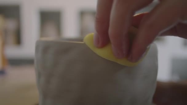 Çamur Vazonun Kenarında Islak Sünger Tutan Çanak Çömlek Çarkını Çeviren — Stok video