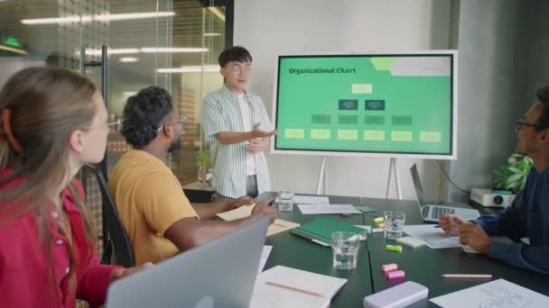 オフィスのチームミーティング中に複数の民族の同僚の前でデジタル画面でビジネスプレゼンテーションを行う若いアジア人男性 — ストック動画