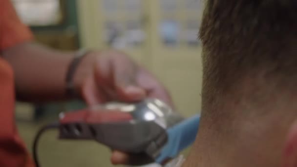 Berberin Müşterinin Saçlarını Kırpma Makası Tarağıyla Keserken Çekilen Gayri Resmi — Stok video