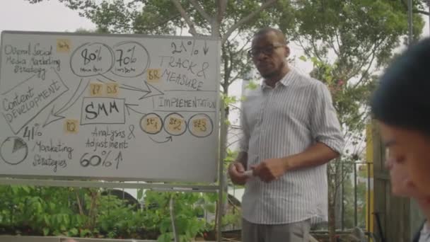 African American Smm Specialist Standing Whiteboard Outdoor Terrace Giving Presentation — Stock Video