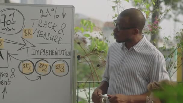 Hombre Afroamericano Pie Junto Pizarra Dando Una Presentación Sobre Estrategia — Vídeo de stock