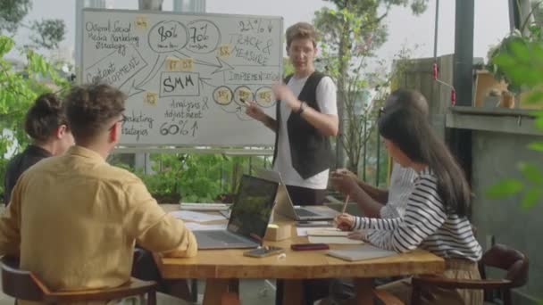 在户外会议上 年轻的女商人在白板上向营销专业人员小组解释情况 — 图库视频影像
