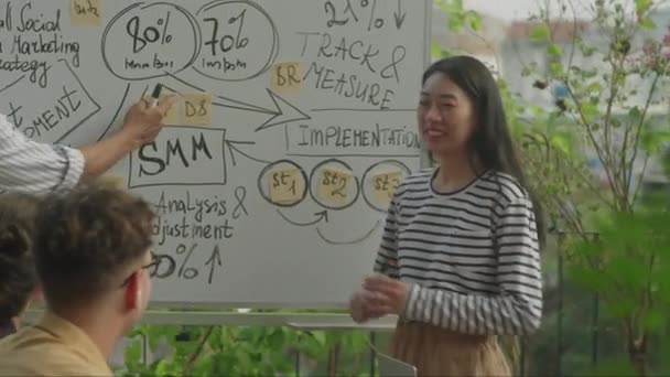 Fröhliche Asiatin Steht Whiteboard Lächelt Und Erklärt Smm Plan Während — Stockvideo