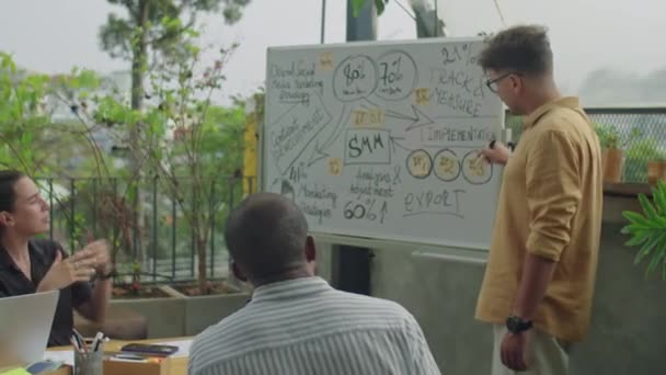 Podnikatel Ukazuje Marketingovou Strategii Tabuli Dává Prezentaci Týmu Setkání Venkovní — Stock video