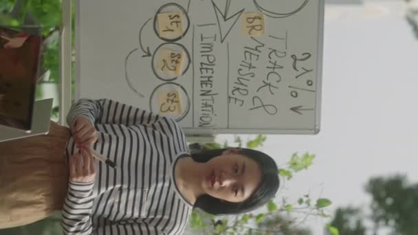 Verticaal Schot Van Jonge Aziatische Vrouw Stand Whiteboard Het Geven — Stockvideo