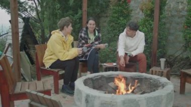 Yüksek açılı çekimde, genç arkadaşlar çubuklarda sosis pişirirken, kamp ateşinde gülümserken ve sohbet ederken, tatilde doğada eğlenirken.