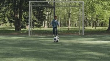 Afrikalı Amerikalı bir arkadaşla parkta oynarken küçük Asyalı bir çocuğun gol attığı uzun bir çekim.