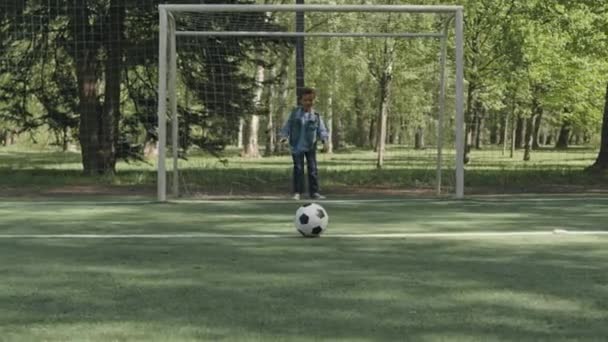 Full Length Shot Little Asian Boy Scoring Goal While Playing — Stock video