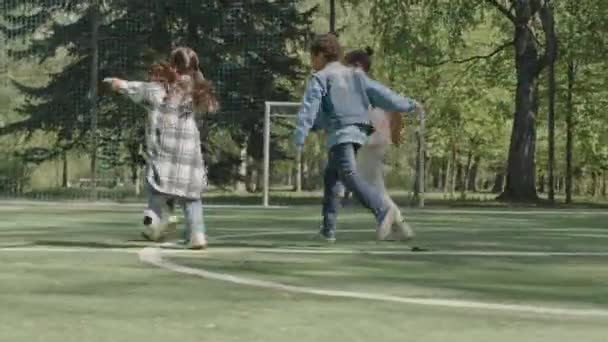 Gruppo Bambini Multietnici Che Giocano Calcio Insieme Sul Campo Nel — Video Stock
