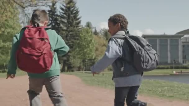Dwóch Małych Chłopców Plecakami Biegających Razem Parku Letni Dzień Podczas — Wideo stockowe