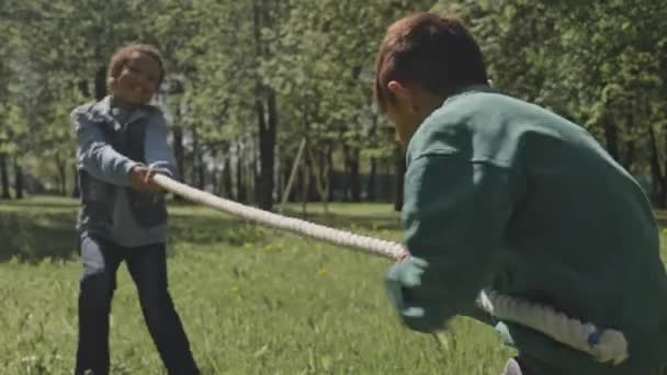 Niños Alegres Tirando Cuerda Sonriendo Mientras Juegan Tirón Juego Guerra — Vídeo de stock