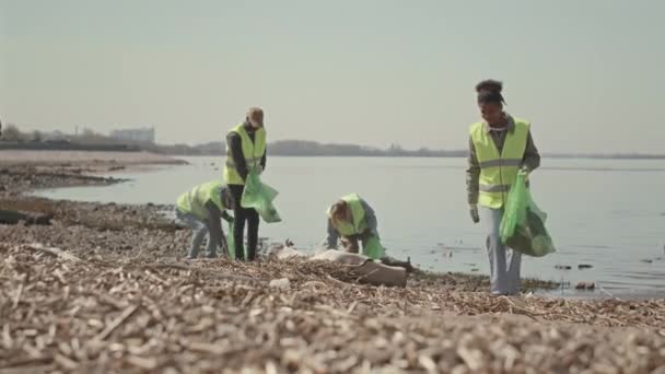 Neon Yeşil Yelekli Eldivenli Bir Grup Gönüllü Kıyıda Yürüyor Çöp — Stok video