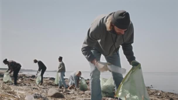 Eldivenli Genç Adam Çevresel Aktivistlerle Sahili Temizlerken Çöp Torbasına Çöp — Stok video