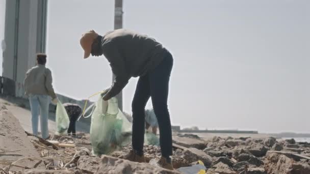 Çevre Aktivistleriyle Sahili Temizlerken Çöp Torbalarına Çöp Toplayan Eldivenli Afrikalı — Stok video