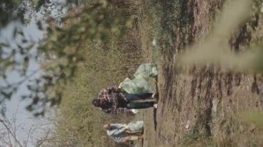Eldivenli kadın çevre eylemcilerinin dikey olarak çöp torbalarına çöp toplayarak orman temizliği yapmaları.