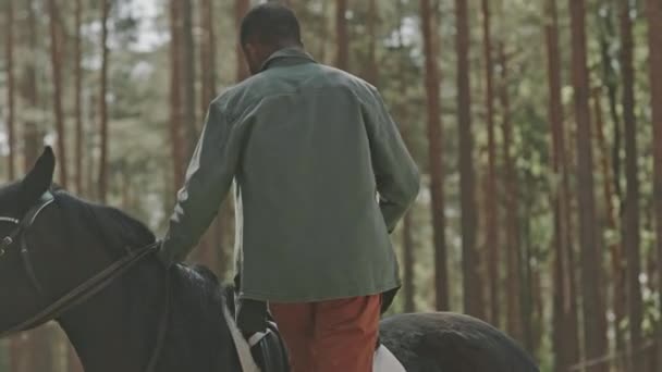 Jovem Afro Americano Sentado Cavalo Indo Para Andar Livre Fazenda — Vídeo de Stock