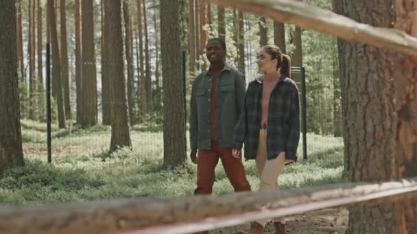 Młoda Zróżnicowana Para Przechadzająca Się Lesie Rozmawiająca Podczas Letniego Weekendu — Wideo stockowe