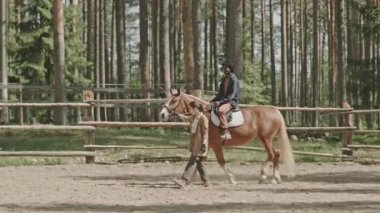 Kadın eğitmenin dizginlerini tutarken ve ata binmeyi öğretirken açık alanda özel ders sırasında...